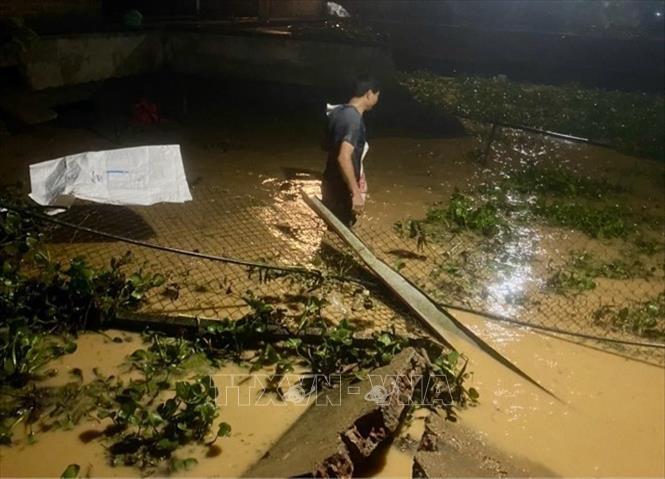 Mưa lũ trên địa bàn xã Cát Thịnh, huyện Văn Chấn nước dâng cao gây ngập úng nhiều khu vực. Ảnh: TTXVN phát