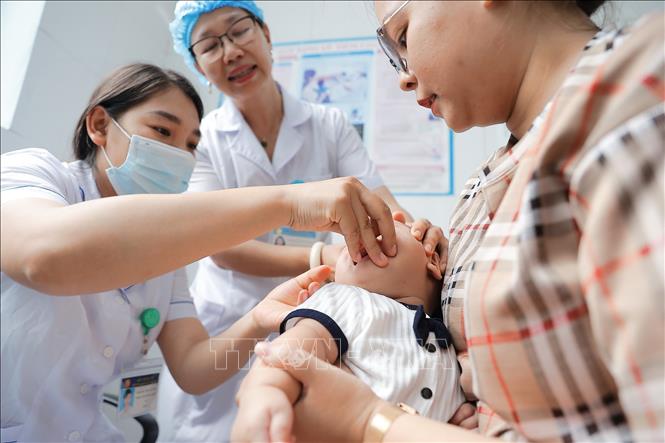 Nhân viên y tế phường Đồng Nhân (quận Hai Bà Trưng, Hà Nội) cho trẻ uống Vitamin A ngày 1/6/2024. Ảnh: Minh Quyết - TTXVN