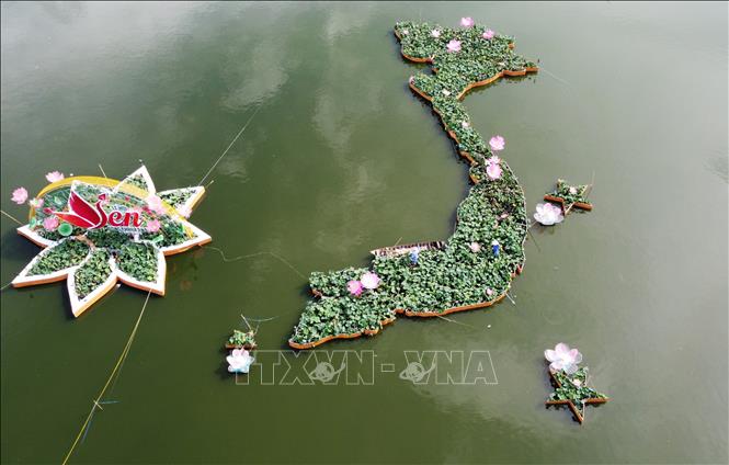 Bản đồ Việt Nam và mô hình hoa sen tạo hình từ những chậu hoa sen đặt trên mặt hồ Khổng Tử, Công viên Văn Miếu, thành phố Cao Lãnh. Ảnh: Nhựt An - TTXVN