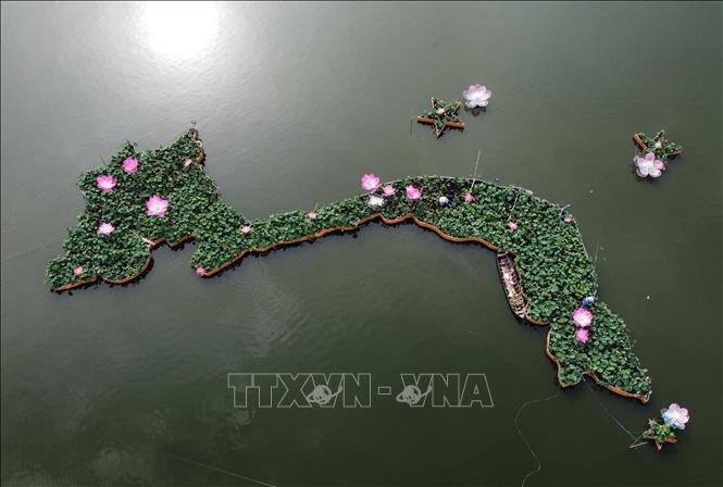 Bản đồ Việt Nam tạo hình từ 5.000 chậu hoa sen ở Đồng Tháp. Ảnh: Nhựt An - TTXVN