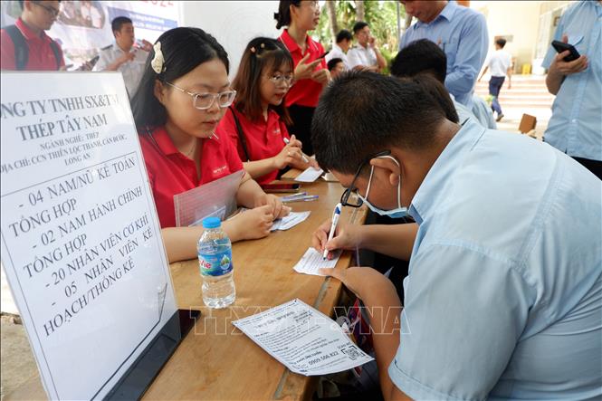 Các sở, ngành Long An thường xuyên tổ chức các hoạt động kết nối người lao động tìm việc với doanh nghiệp có nhu cầu tuyển dụng. Ảnh: Đức Hạnh - TTXVN 