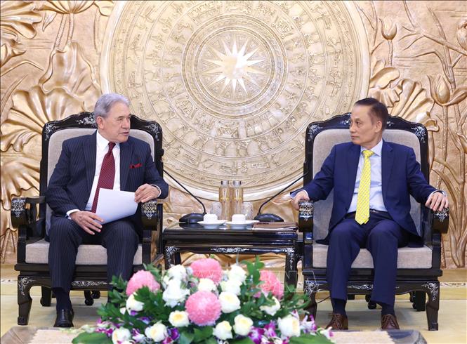 Chairman of the CPV Central Committee's Commission for External Relations Le Hoai Trung talks to New Zealand Deputy Prime Minister and Minister of Foreign Affairs Winston Peters. VNA Photo: Phương Hoa