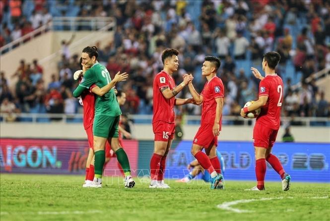 Vietnamese players rejoice after winning against the Philippines. VNA Photo: Tuấn Anh