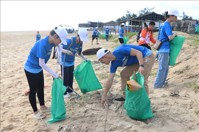 Young people collects rubbish in Thuan An beach, in Hue city, the central city of Thua Thien-Hue. VNA Photo: Tường Vi 