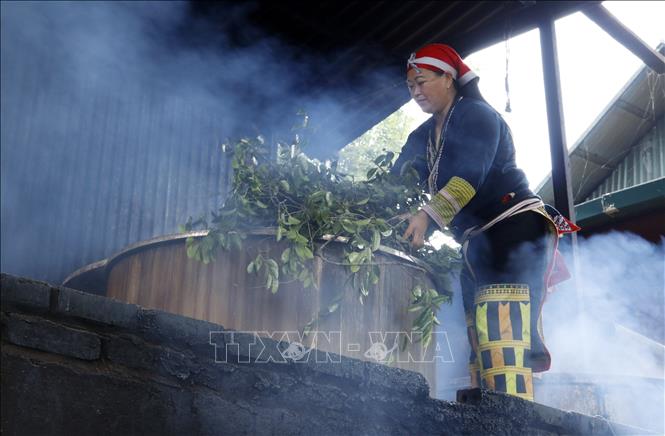 Chị Tẩn Tả Mấy, Chủ nhiệm Hợp tác xã cộng đồng người Dao đỏ, xã Tả Phìn, thị xã Sa Pa thực hiện chưng vật liệu truyền thống để sử dụng trong tắm thuốc chữa bệnh. Ảnh: Quốc Khánh - TTXVN