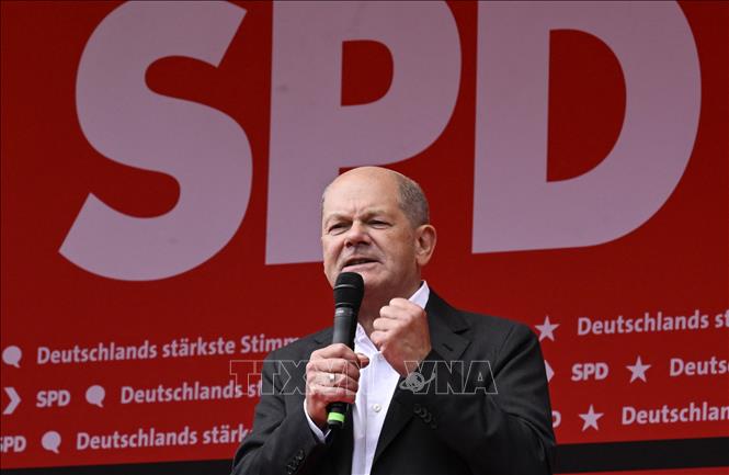 Thủ tướng Đức Olaf Scholz phát biểu tại Duisburg ngày 8/6/2024. Ảnh: AFP/TTXVN