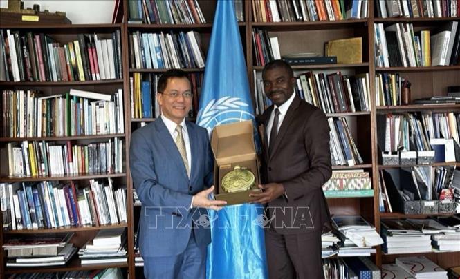 Thứ trưởng Hà Kim Ngọc làm việc với Giám đốc Trung tâm Di sản Thế giới Lazare Assomo. Ảnh: TTXVN phát
