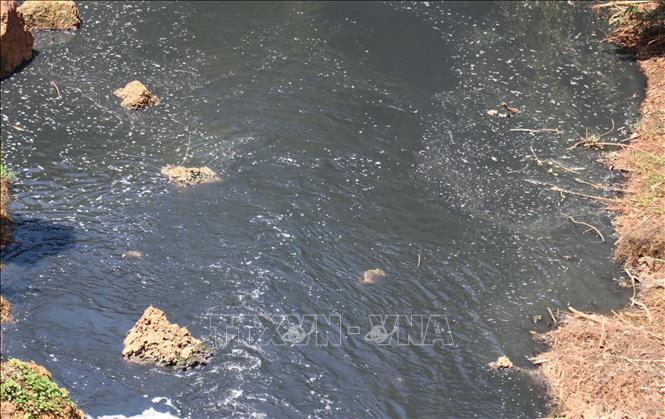 Nước Suối Tân chuyển thành màu đen như mực, đặc quánh, bốc mùi hôi nồng nặc kéo dài hàng chục cây số. Ảnh: Đậu Tất Thành – TTXVN
