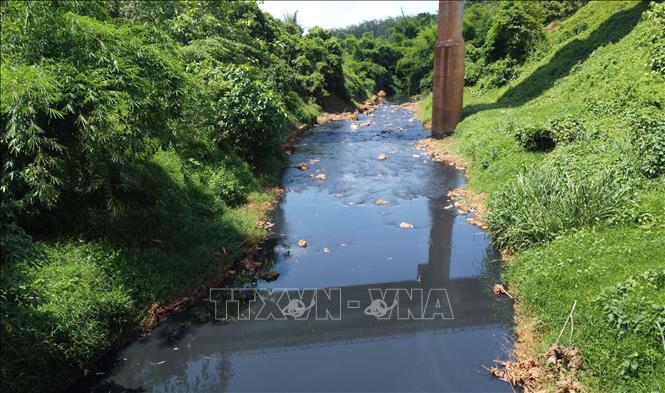 Nước Suối Tân chuyển thành màu đen, đặc quánh, bốc mùi hôi nồng nặc kéo dài hàng chục cây số. Ảnh: Đậu Tất Thành – TTXVN
