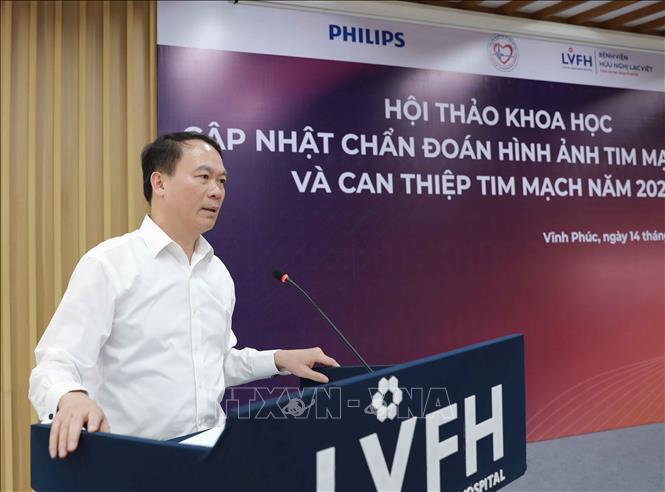 Viện trưởng Viện tim mạch Việt Nam, Chủ tịch Phân hội Tim mạch học can thiệp Việt Nam Phạm Mạnh Hùng phát biểu. Ảnh: Hoàng Hùng -TTXVN