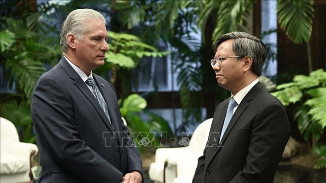 Chủ tịch Cuba Miguel Díaz Canel-Bermudez tiếp Đại sứ Lê Quang Long. Ảnh: TTXVN phát