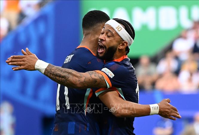 Cody Gakpo (trái) của Hà Lan cùng đồng đội ăn mừng bàn thắng gỡ hòa 1-1 trước Ba Lan ở phút 29. Ảnh: THX/TTXVN