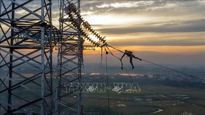 Công nhân nhà thầu Công ty CP Tư vấn đầu tư và Xây lắp Điện 5 (PCC5) thi công kéo dây trong ánh hoàng hôn tại vị trí cột 181 tuyến đường dây Nhà máy nhiệt điện Nam Định 1 - Phố Nối trên địa bàn huyện Hưng Hà (Thái Bình). Ảnh: Huy Hùng - TTXVN