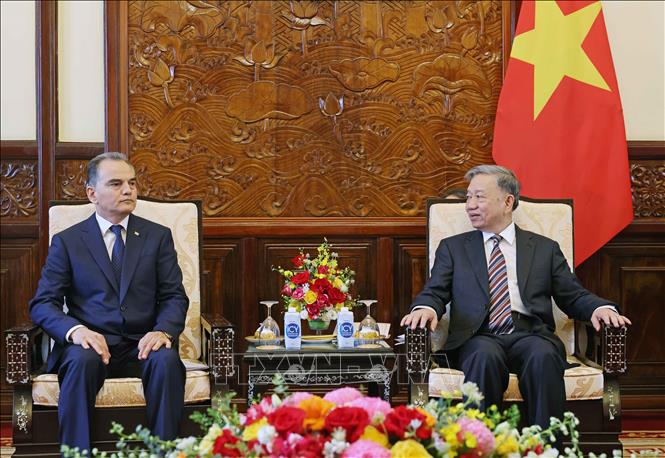 Chủ tịch nước Tô Lâm tiếp Đại sứ Turkmenistan Parakhat Durdyev. Ảnh: Nhan Sáng-TTXVN
