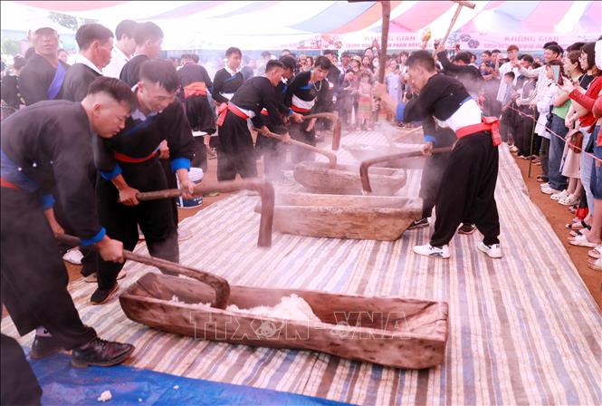 Bên cạnh lễ hội hái lê còn diễn ra cuộc thi Giã bánh giầy của đồng bào dân tộc Mông xã Giang Ma một trong những nét văn hóa đặc sắc của người dân nơi . Ảnh: Quý Trung – TTXVN 