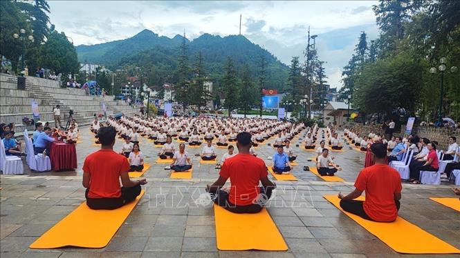 The performance by 500 Vietnamese and foreign yoga trainers and yogis. VNA Photo: Hương Thu 