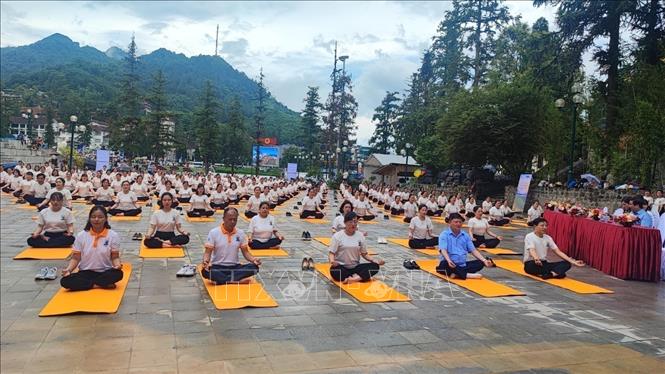The performance by 500 Vietnamese and foreign yoga trainers and yogis. VNA Photo: Hương Thu 