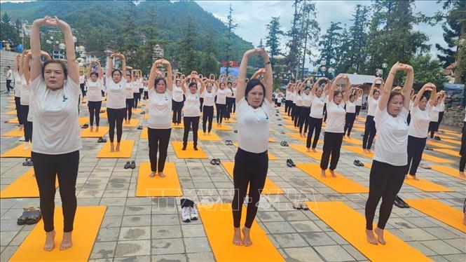 The performance by 500 Vietnamese and foreign yoga trainers and yogis. VNA Photo: Hương Thu 