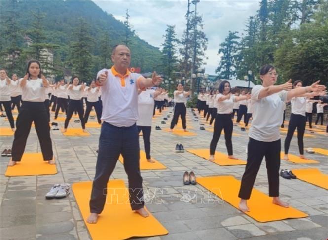 The performance by 500 Vietnamese and foreign yoga trainers and yogis. VNA Photo: Hương Thu 