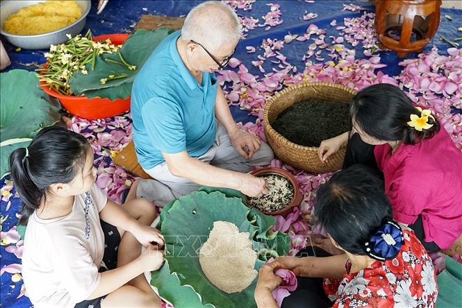 Ướp trà là công đoạn “then chốt” của nghề ướp sen truyền thống Tây Hồ, thường thì sẽ do người nghệ nhân chính đảm nhiệm, các thành viên trong gia đình sẽ quan sát, và học nghề. Ảnh: Khánh Hoà – TTXVN 