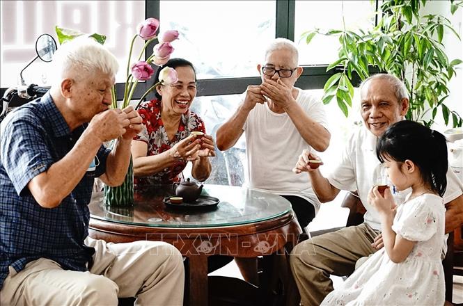 Hàn huyên bên những người bạn quý, thưởng thức hương vị tuyệt phẩm thơm đậm vị sen của chén trà từ lâu đã trở thành một điều đặc biệt cuả nguời Hà Nội. Ảnh: Khánh Hoà – TTXVN 