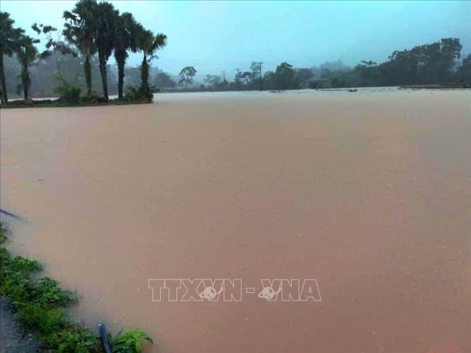 Mưa lớn kéo dài khiến nước dâng cao gây ngập úng tại huyện Vị Xuyên. Ảnh: TTXVN phát