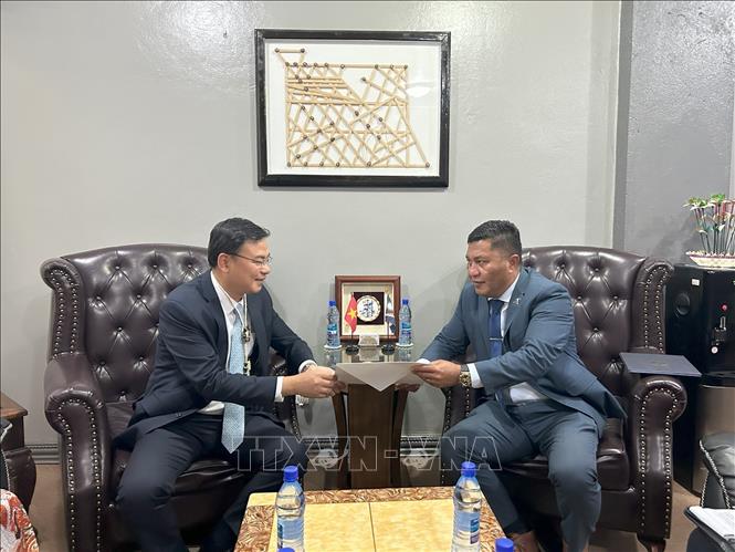 Vietnamese ambassador to the Republic of the Marshall Islands Pham Quang Hieu at a meeting with Minister of Foreign Affairs and Trade Kalani Kaneko. VNA Photo