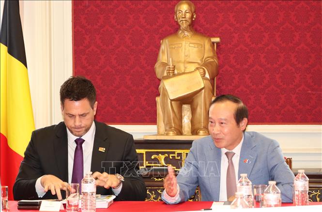 Đại sứ Việt Nam tại Vương quốc Bỉ, Trưởng Phái đoàn Việt Nam bên cạnh Liên minh châu Âu (EU), Nguyễn Văn Thảo phát biểu tại tọa đàm. Ảnh: Hương Giang - PV TTXVN tại Bỉ