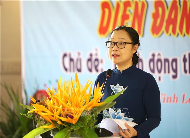 Phó Chủ tịch UBND tỉnh Vĩnh Long Nguyễn Thị Quyên Thanh phát biểu tại Diễn đàn. Ảnh: Lê Thúy Hằng - TTXVN