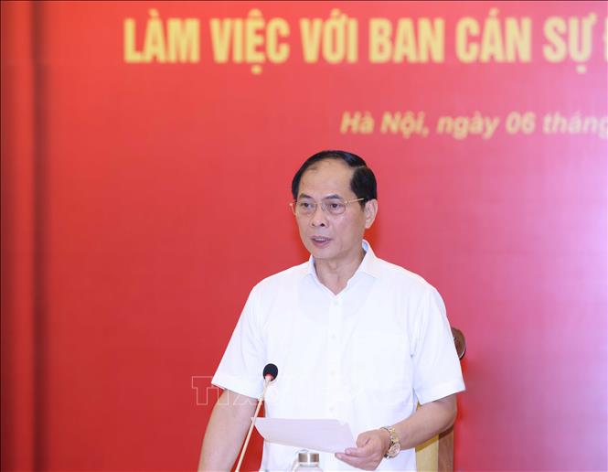 Đồng chí Bùi Thanh Sơn, Uỷ viên Trung ương Đảng, Bí thư Ban cán sự đảng, Bộ trưởng Bộ Ngoại giao phát biểu tại hội nghị. Ảnh: Phương Hoa - TTXVN
