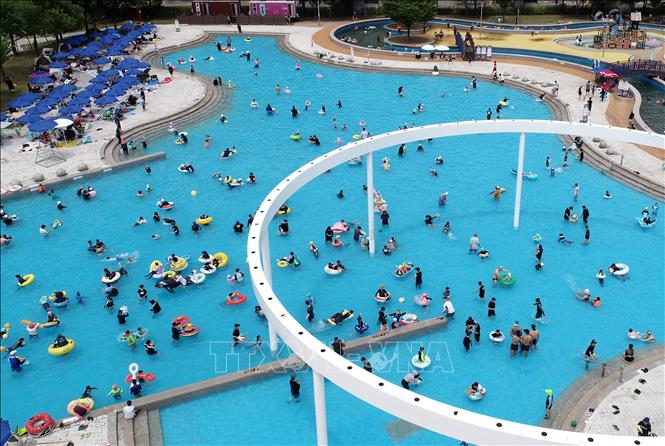 Người dân tránh nóng dưới bể bơi tại Seoul, Hàn Quốc, ngày 23/6/2024. Ảnh: Yonhap/TTXVN