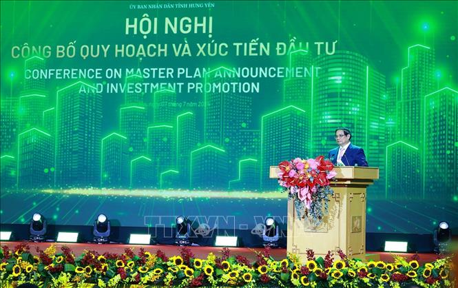 Thủ tướng Phạm Minh Chính phát biểu tại Hội nghị công bố Quy hoạch tỉnh Hưng Yên. Ảnh: Dương Giang-TTXVN