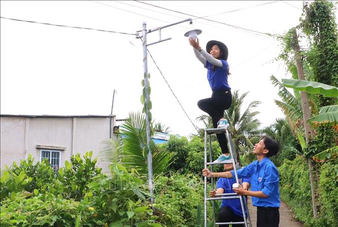 Sinh viên tình nguyện thực hiện bảo dưỡng, sửa chữa đèn đường cho người dân xã Đông Thành, thị xã Bình Minh, tỉnh Vĩnh Long. Ảnh: Lê Thúy Hằng - TTXVN