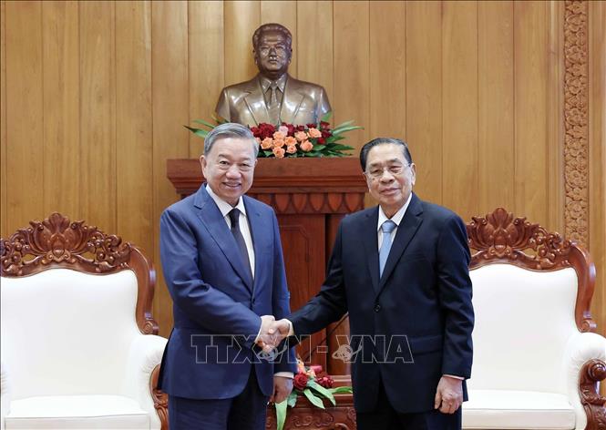 President To Lam meets former Party General Secretaries and Presidents of Laos Choummaly Sayasone. VNA Photo: Nhan Sáng