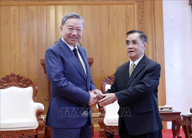 President To Lam meets former Lao Prime Minister Thongsing Thammavong. VNA Photo: Nhan Sáng