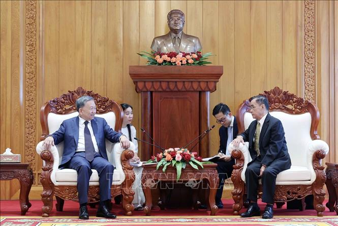 President To Lam talks to former Lao Prime Minister Thongsing Thammavong. VNA Photo: Nhan Sáng