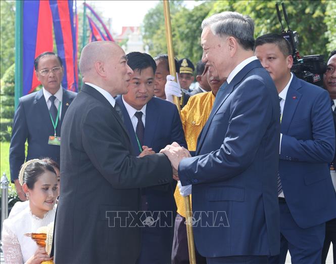 Cambodian King Preah Bat Samdech Preah Boromneath Norodom Sihamoni welcomes President To Lam. VNA Photo: Nhan Sáng