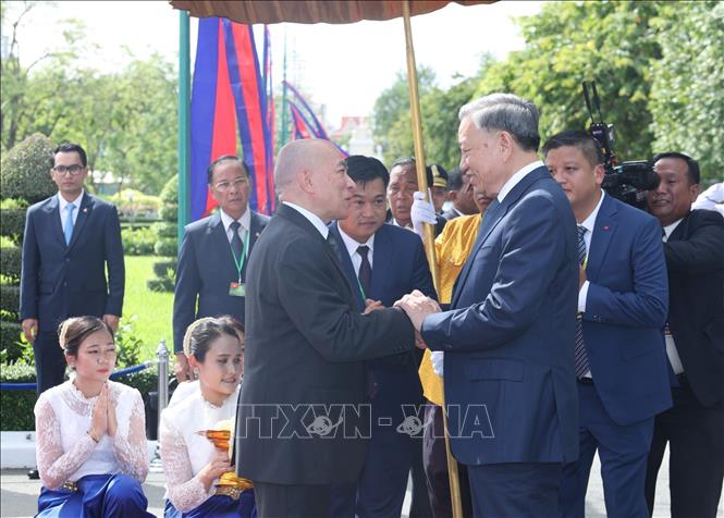 Cambodian King Preah Bat Samdech Preah Boromneath Norodom Sihamoni welcomes President To Lam. VNA Photo: Nhan Sáng