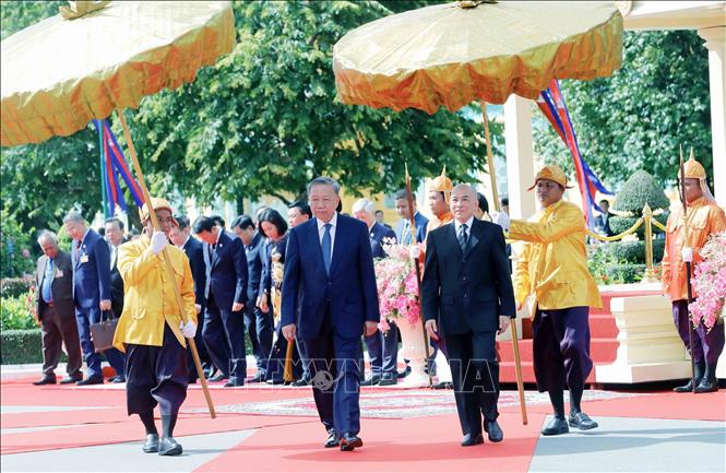Cambodian King Preah Bat Samdech Preah Boromneath Norodom Sihamoni welcomes Vietnamese President To Lam. VNA Photo: Nhan Sáng
