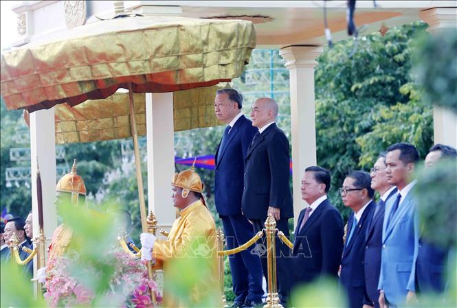 Cambodian King Preah Bat Samdech Preah Boromneath Norodom Sihamoni welcomes Vietnamese President To Lam. VNA Photo: Nhan Sáng
