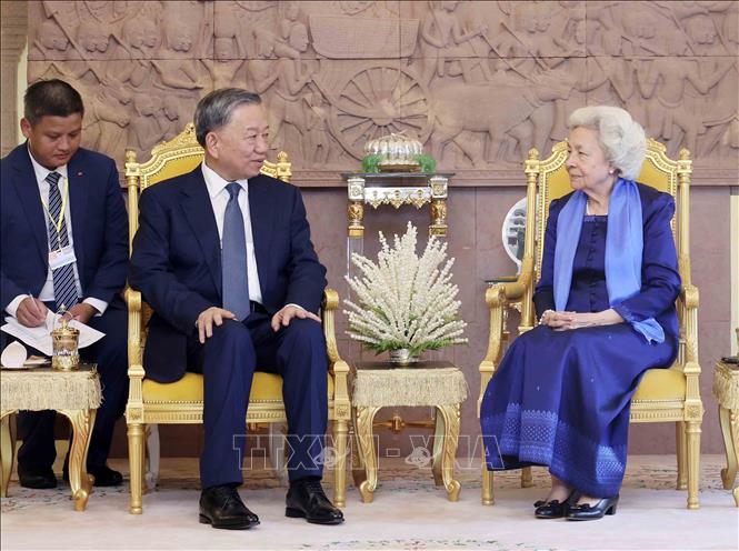 Vietnamese President To Lam pays a courtesy call on Cambodia's Queen Mother Norodom Monineath Sihanouk. VNA Photo: Nhan Sáng