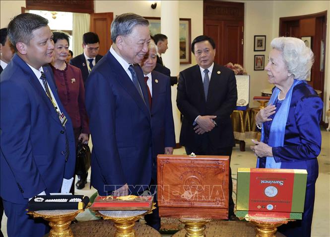 Vietnamese President To Lam pays a courtesy call on Cambodia's Queen Mother Norodom Monineath Sihanouk. VNA Photo: Nhan Sáng