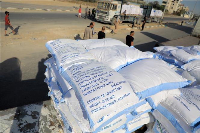 (Tư liệu) Hàng viện trợ nhân đạo được chuyển tới nhà kho của UNRWA ở Khan Younis, Dải Gaza, ngày 31/5/2024. Ảnh: THX/TTXVN