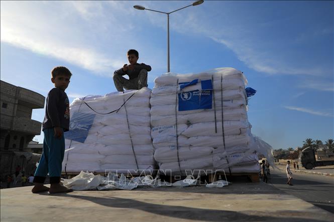 (Tư liệu) Hàng viện trợ nhân đạo được chuyển tới nhà kho của UNRWA ở Khan Younis, Dải Gaza, ngày 31/5/2024. Ảnh: THX/TTXVN