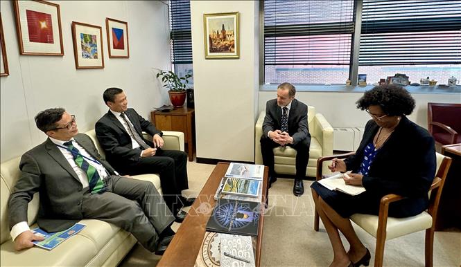 Đại sứ Đặng Hoàng Giang, Trưởng Phái đoàn Thường trực Việt Nam tại LHQ, cùng Lãnh đạo Đoàn công tác của Bộ Ngoại giao, tại buổi làm việc với Vụ trưởng Vụ các vấn đề Đại dương và Luật biển của LHQ Vladimir Jares (thứ 2 từ phải qua). Ảnh: Thanh Tuấn - Phóng viên TTXVN tại New York (Mỹ)