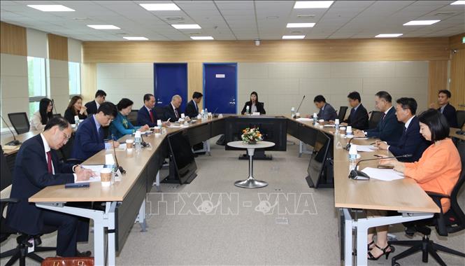 The Vietnamese delegation has a working session with the National Human Resources Development Institute (NHI). VNA Photo