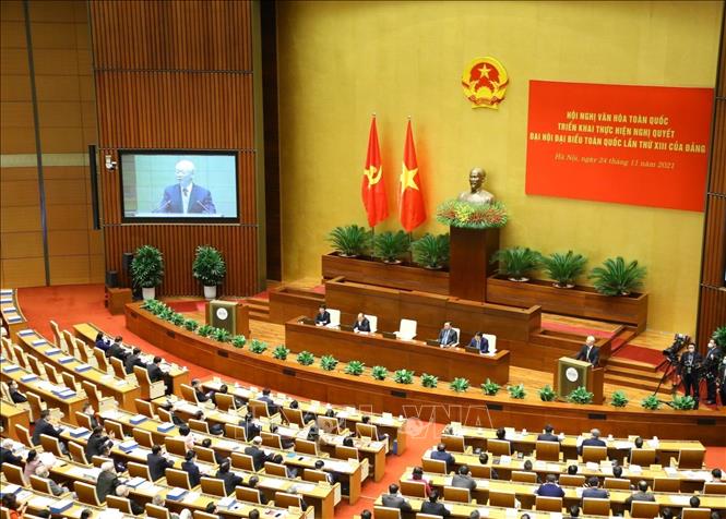 Tổng Bí thư Nguyễn Phú Trọng phát biểu tại Hội nghị Văn hóa toàn quốc triển khai thực hiện Nghị quyết Đại hội XIII của Đảng (Hà Nội, 24/11/2021). Ảnh: Phương Hoa - TTXVN