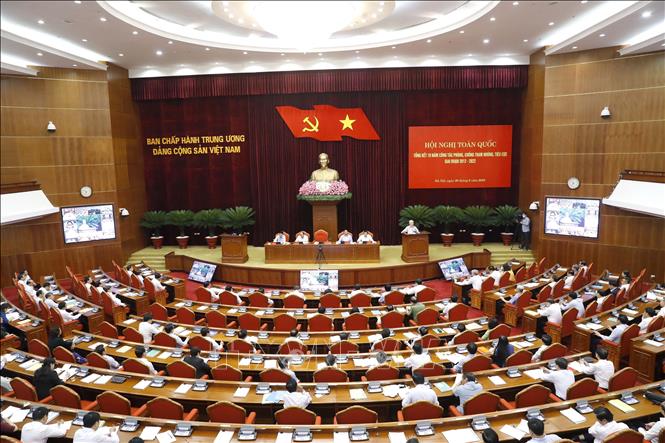 Tổng Bí thư Nguyễn Phú Trọng, Trưởng Ban Chỉ đạo Trung ương về phòng, chống tham nhũng, tiêu cực phát biểu tại Hội nghị toàn quốc tổng kết 10 năm công tác đấu tranh phòng, chống tham nhũng, tiêu cực (Hà Nội, 30/6/2022). Ảnh: Phương Hoa – TTXVN