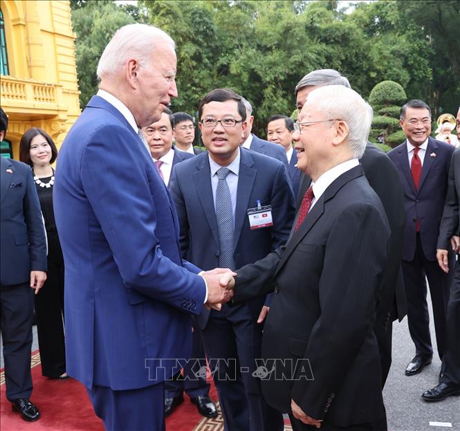Tổng Bí thư Nguyễn Phú Trọng đón Tổng thống Hoa Kỳ Joe Biden thăm cấp Nhà nước tới Việt Nam, chiều 10/9/2023. Ảnh: Trí Dũng - TTXVN