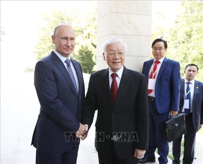 Tổng thống Vladimir Putin đón Tổng Bí thư Nguyễn Phú Trọng thăm chính thức Liên bang Nga (6/9/2018). Ảnh: Trí Dũng - TTXVN